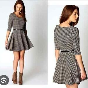 Black Cream Houndstooth Quarter Sleeve Fit Flare Mini Dress 8 EUC